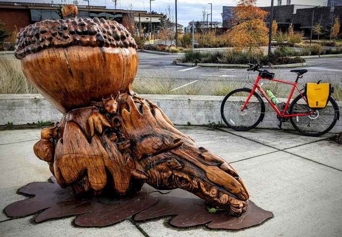A bicycle and an acorn, downtown Oak Harbor, Washington